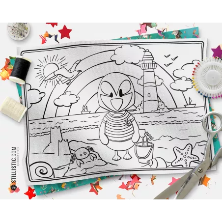 Coupon tissu Set de table Macareux Marin coloriable