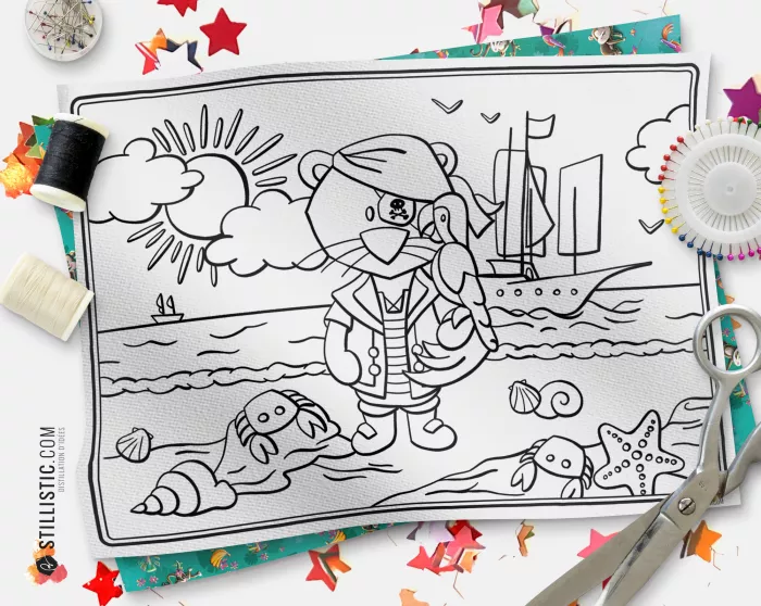 Coupon tissu Set de table Lion pirate coloriable