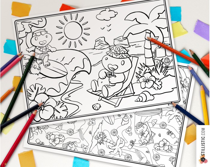 Set de table Hippo Surf  à imprimer et colorier