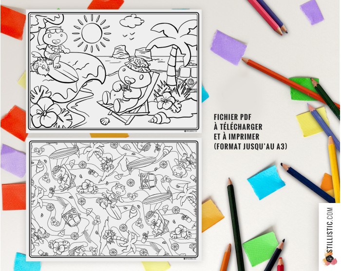 Set de table Hippo Surf  à imprimer et colorier