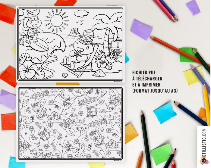 Set de table Hippo Surf  à imprimer et colorier