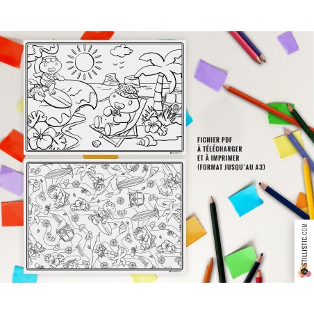 Set de table Hippo Surf  à imprimer et colorier