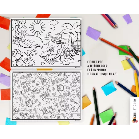 Set de table Hippo Surf  à imprimer et colorier