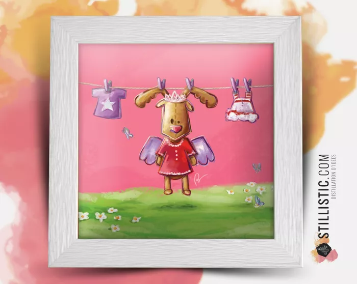 Cadre carré avec Illustration  Petit renne et papillons pour Chambre Enfant bébé 25x25cm