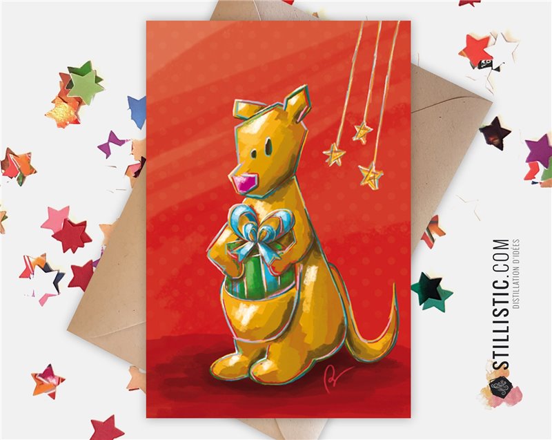 Carte de voeux papier 350g avec Illustration Originale Kangourou et cadeau pour Noël Nouvel An Anniversaire