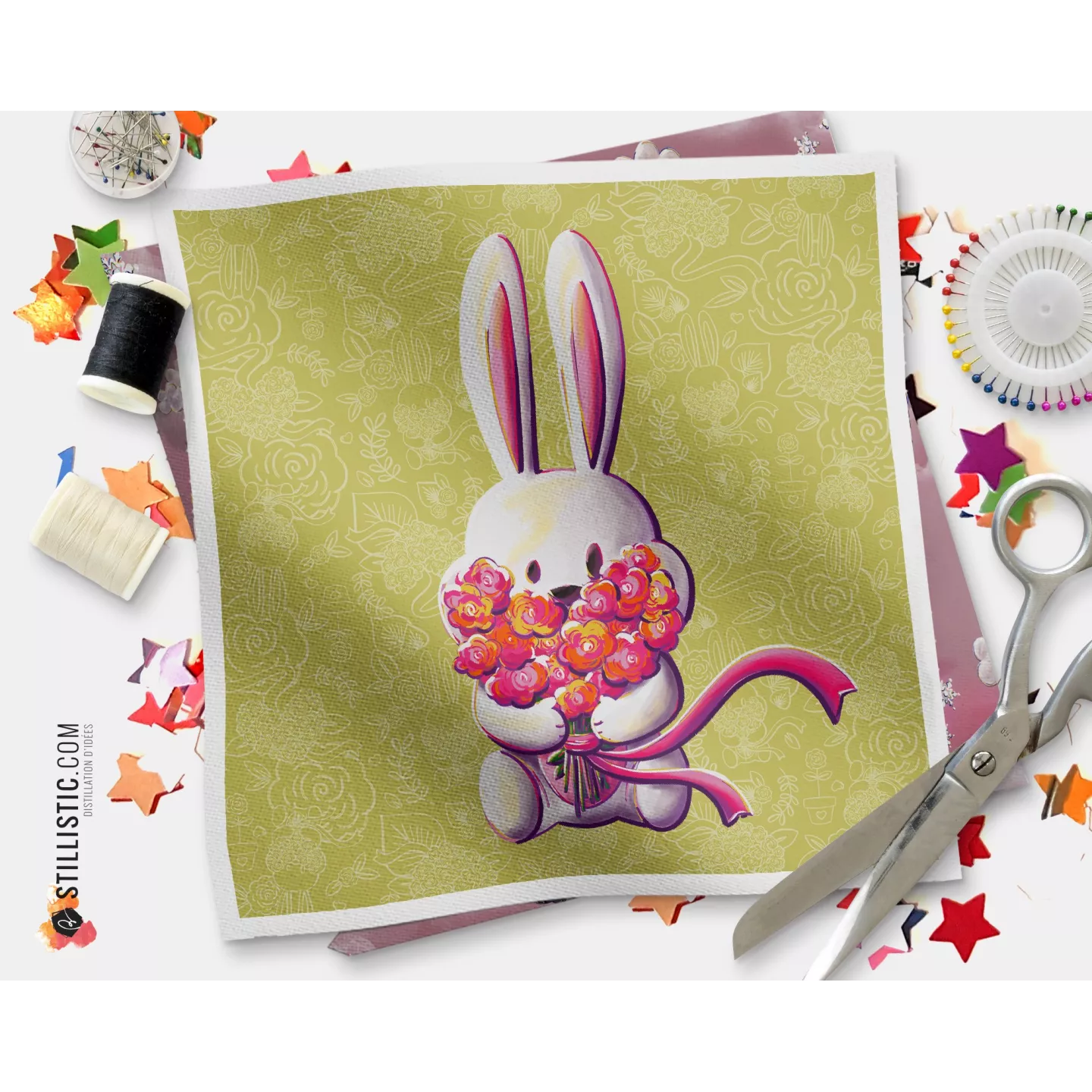 Coupon illustré Lapin Printemps coton ou minky