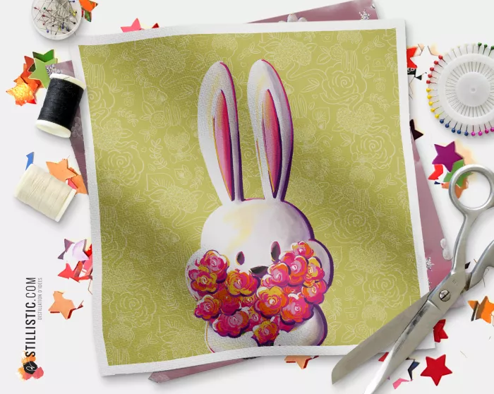 Coupon tissu illustré Lapin Printemps zoom tissu Oekotex
