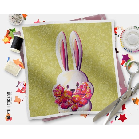 Coupon tissu illustré Lapin Printemps zoom tissu Oekotex