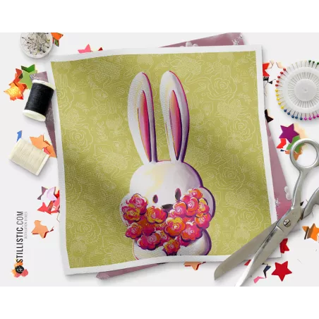 Coupon tissu illustré Lapin Printemps zoom tissu Oekotex
