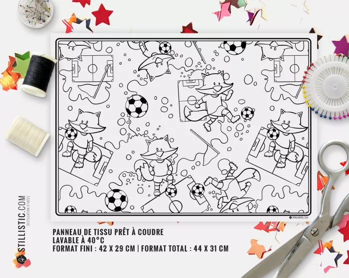 Coupon tissu coloriable Set de Table Motif Renard Football à découper et à coudre