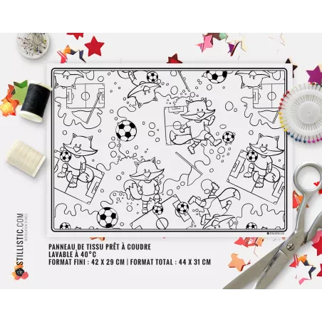 Coupon tissu coloriable Set de Table Motif Renard Football à découper et à coudre