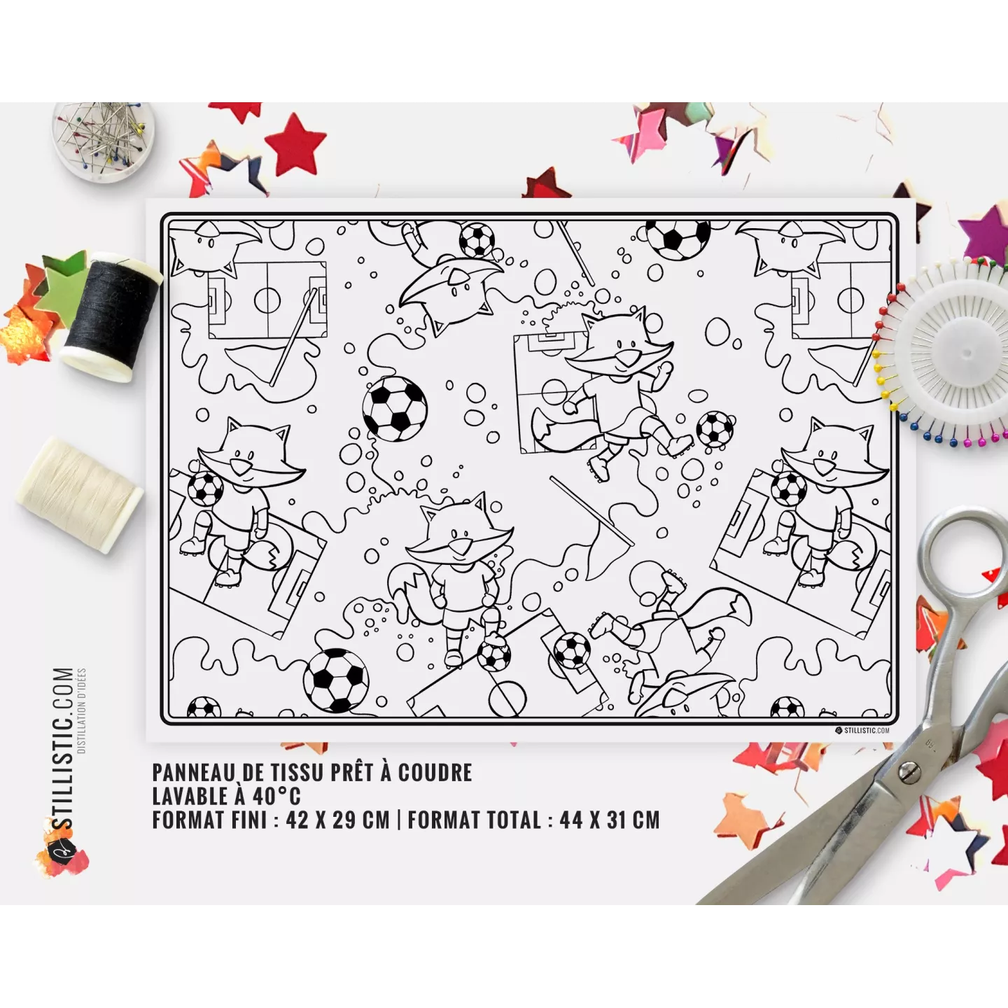 Coupon tissu coloriable Set de Table Motif Renard Football à découper et à coudre