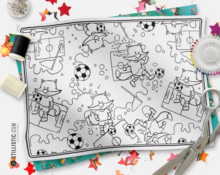 Coupon tissu coloriable Set de Table Motif Renard Football à découper et à coudre