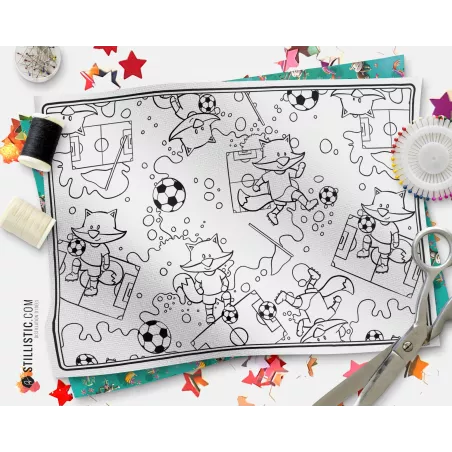 Coupon tissu coloriable Set de Table Motif Renard Football à découper et à coudre