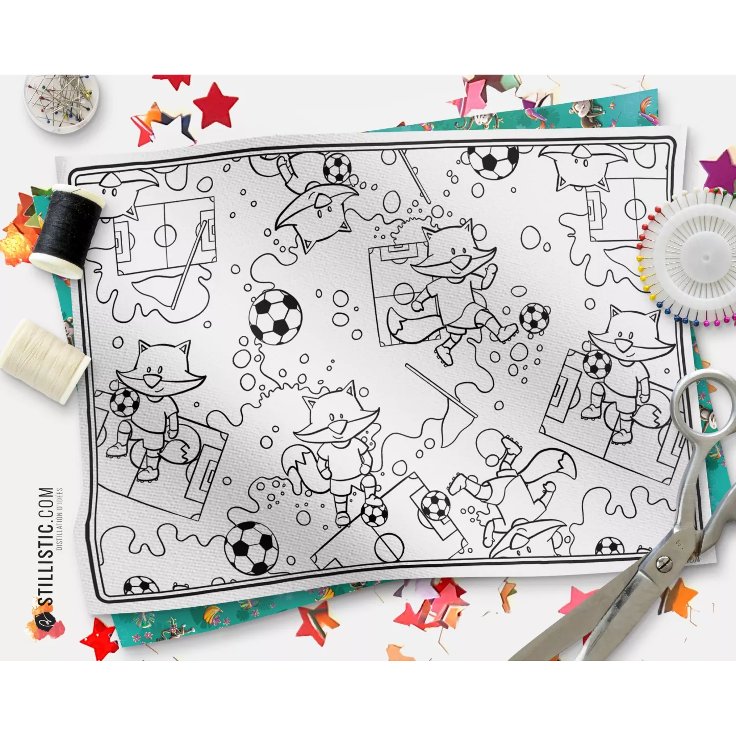 Coupon tissu coloriable Set de Table Motif Renard Football à découper et à coudre