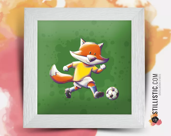 Cadre Illustration Renard Football Jaune 25x25cm