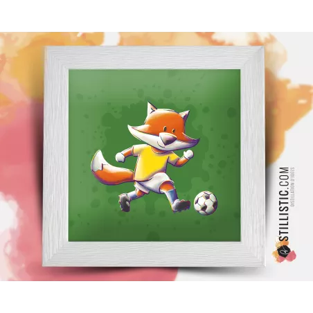 Cadre Illustration Renard Football Jaune 25x25cm
