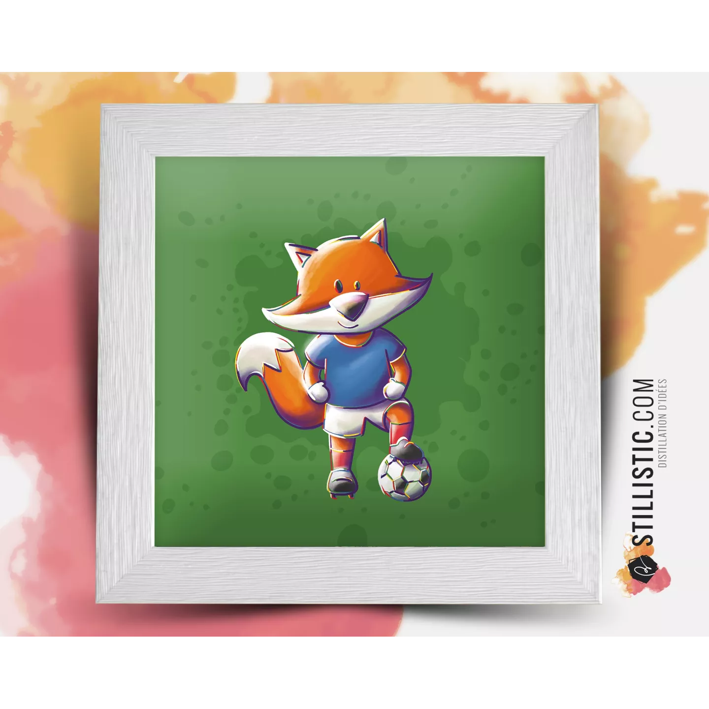 Cadre Illustration Renard Football Bleu 25x25cm
