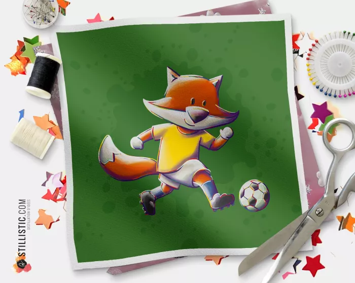 Coupon tissu illustré Renard Football Jaune tissu Oekotex