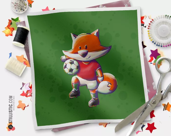 Coupon tissu illustré Renard Football Rouge tissu Oekotex