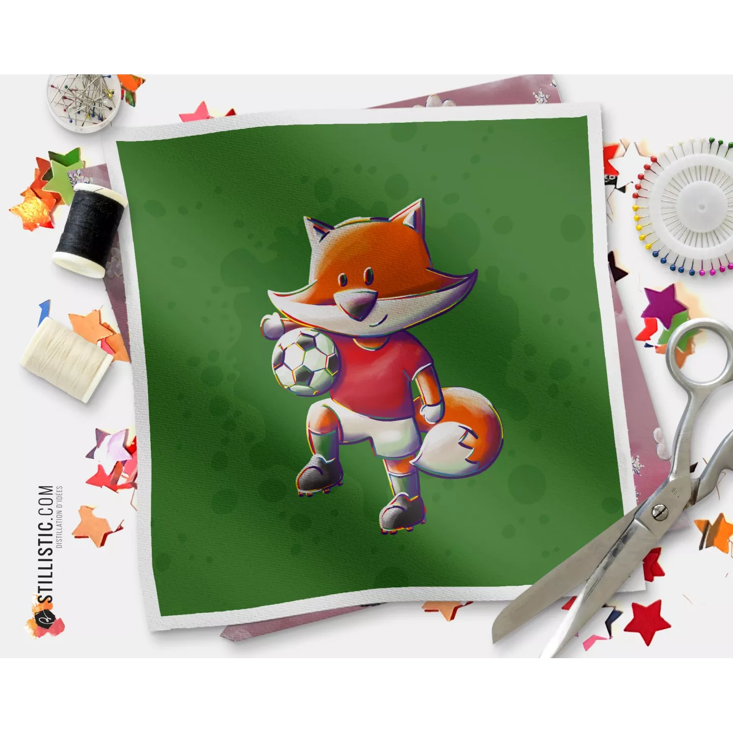 Coupon tissu illustré Renard Football Rouge tissu Oekotex