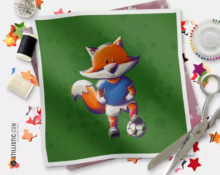 Coupon tissu illustré Renard Football Bleu tissu Oekotex