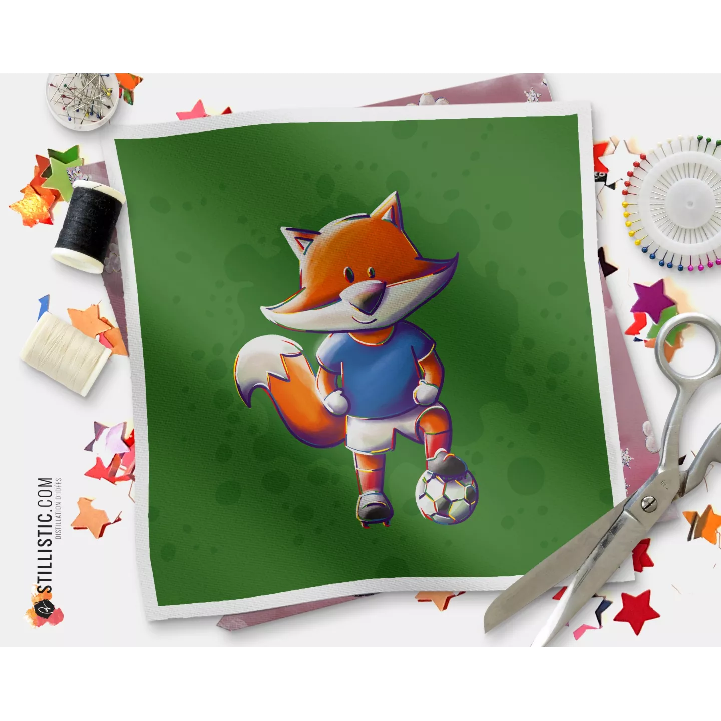 Coupon tissu illustré Renard Football Bleu tissu Oekotex