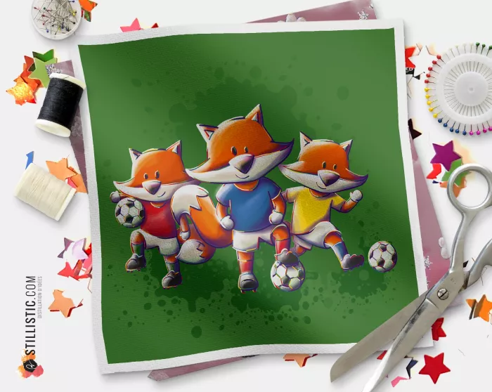 Coupon tissu illustré Renard Football Groupe tissu Oekotex