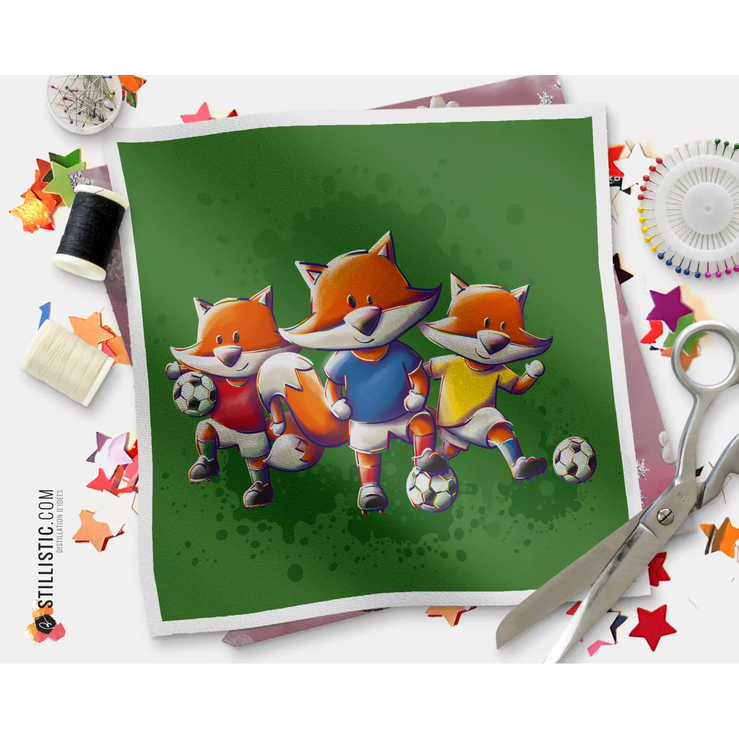 Coupon tissu illustré Renard Football Groupe tissu Oekotex
