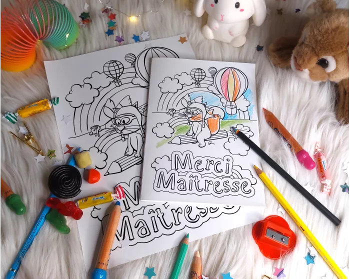 Carte renard et crayons Merci Maîtresse à imprimer et colorier