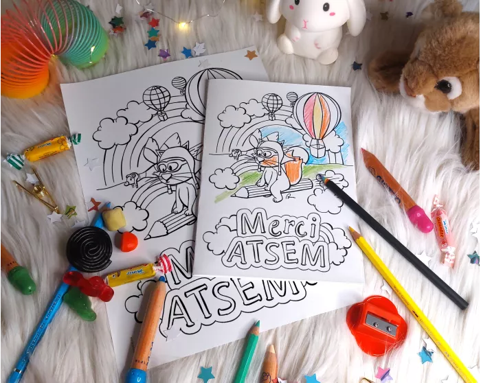 Carte renard et crayons Merci ATSEM à imprimer et colorier