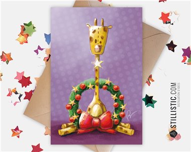 Carte de voeux papier 350g avec Illustration Originale Girafe et couronne pour Noël Nouvel An