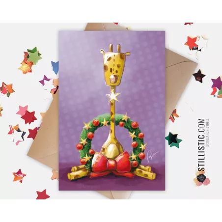 Carte de voeux papier 350g avec Illustration Originale Girafe et couronne pour Noël Nouvel An