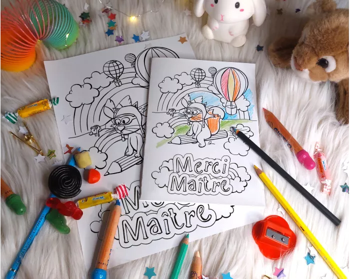 Carte renard et crayons Merci Maître à imprimer et colorier