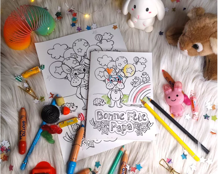Carte chiot et hérissons Bonne fête papa à imprimer et colorier