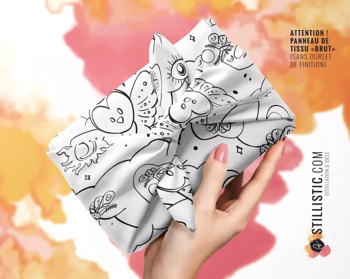 Coupon coloriable furoshiki Chouette Magicienne Halloween emballage cadeau coton éco-responsable