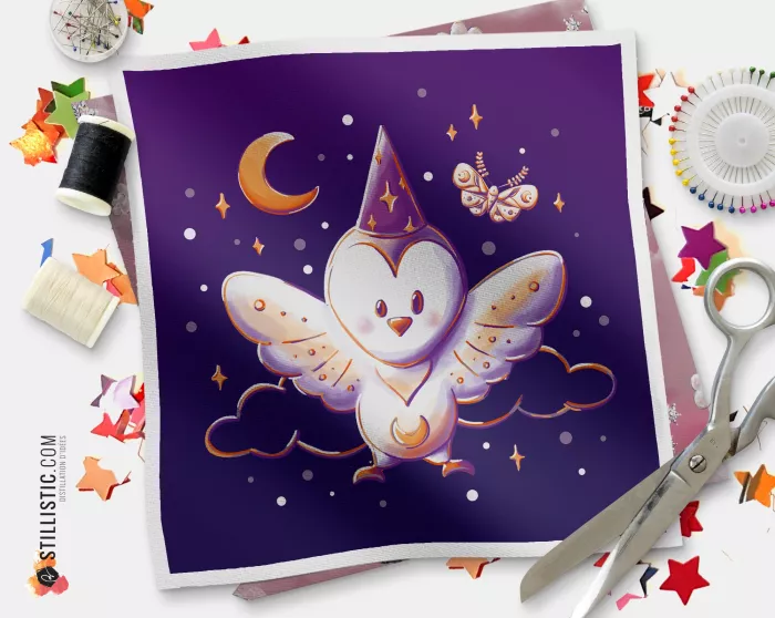 Coupon tissu illustré Chouette Magicienne Halloween tissu Oekotex