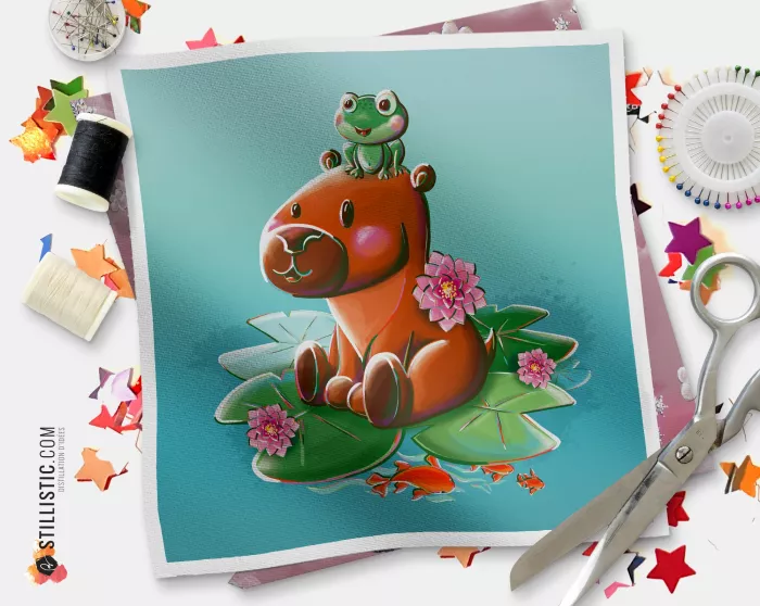 Coupon tissu illustré Capybara tissu Oekotex
