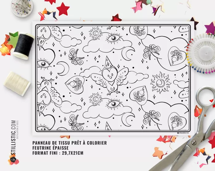 Coupon tissu coloriable Set de Table Motif Chouette Magicienne Halloween à découper et à coudre