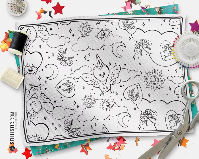 Coupon tissu coloriable Set de Table Motif Chouette Magicienne Halloween à découper et à coudre