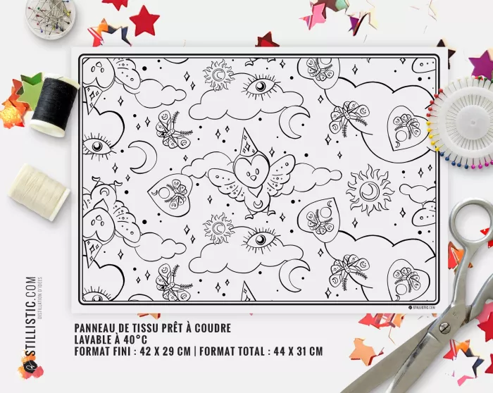 Coupon tissu coloriable Set de Table Motif Chouette Magicienne Halloween à découper et à coudre