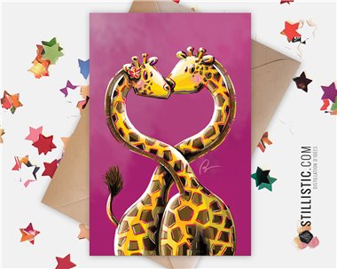 Carte de voeux papier 350g avec Illustration Originale Girafes amoureuses pour Amitié Saint-Valentin Mariage