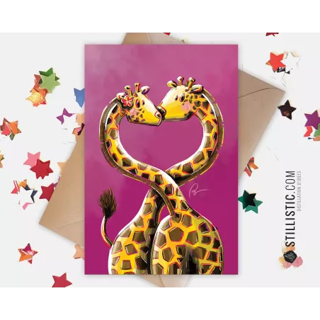 Carte de voeux papier 350g avec Illustration Originale Girafes amoureuses pour Amitié Saint-Valentin Mariage