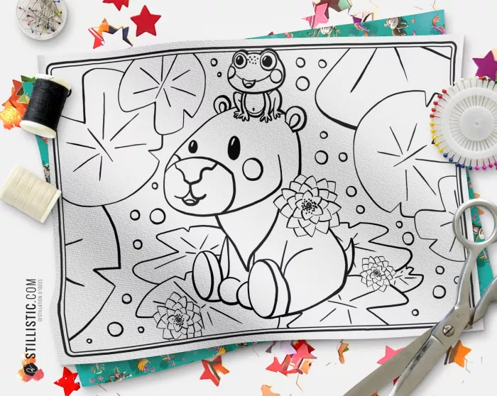 Coupon tissu coloriable Set de Table Capybara et grenouille à découper et à coudre