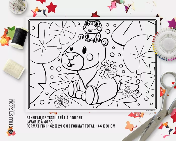 Coupon tissu coloriable Set de Table Capybara et grenouille à découper et à coudre