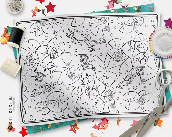 Coupon tissu coloriable Set de Table Motif Capybara et grenouille à découper et à coudre