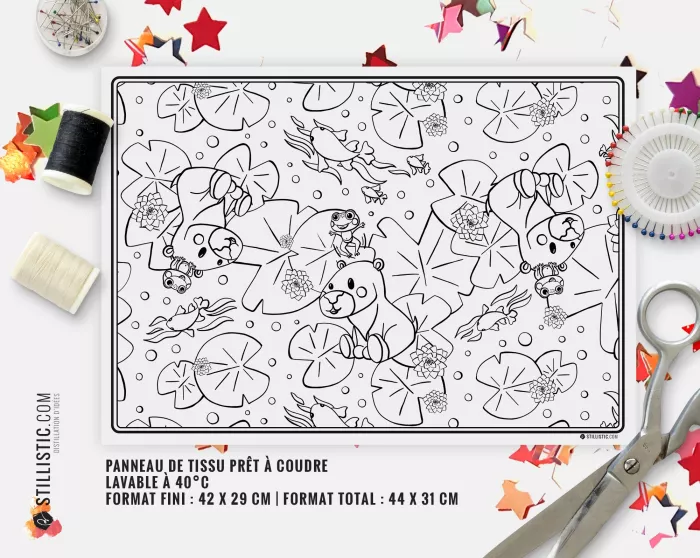 Coupon tissu coloriable Set de Table Motif Capybara et grenouille à découper et à coudre