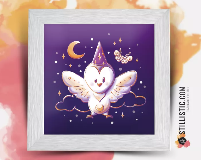 Cadre Illustration Chouette Magicienne Halloween 25x25cm