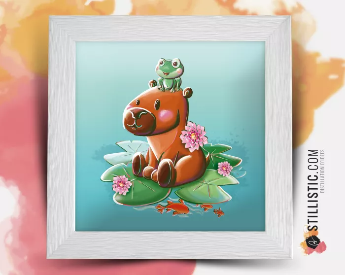 Cadre Illustration Capybara et Grenouille 25x25cm