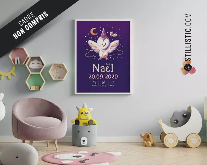 Poster de naissance Chouette Magicienne personnalisé